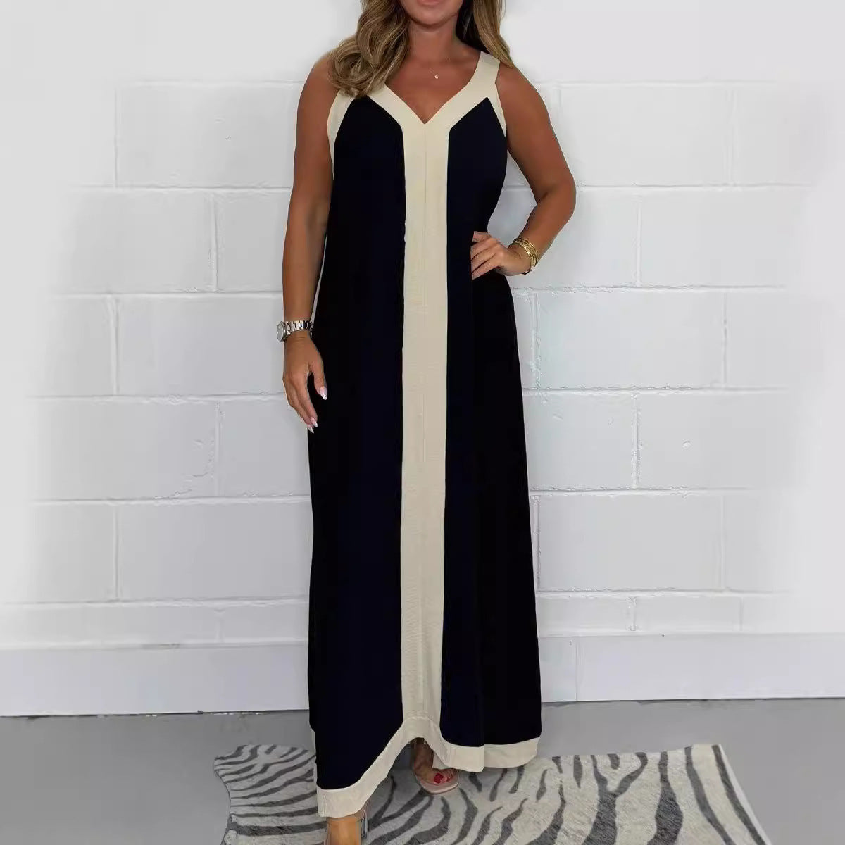 Casual Loose Contrast Color V-neck Sleeveless Long Dress - D&A