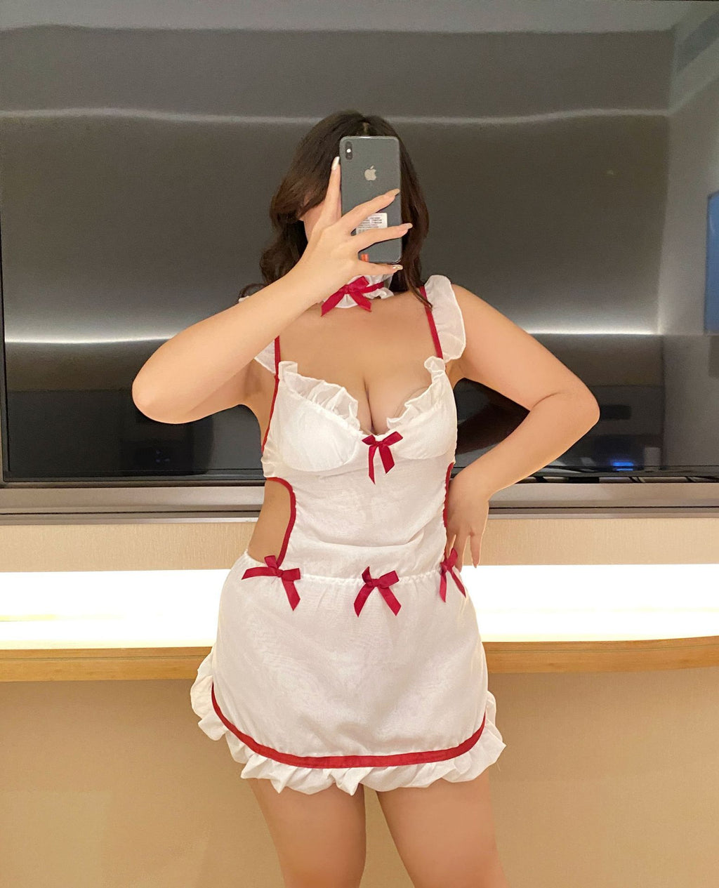Plus Size Lingerie Women's Siamese Hollow-out Kitchen Apron Maid Maid Lingerie Uniform White - D&A