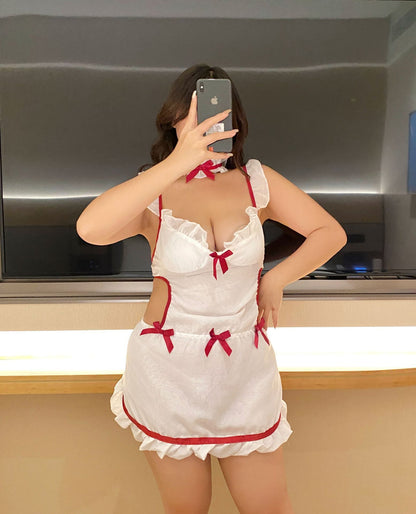 Plus Size Lingerie Women's Siamese Hollow-out Kitchen Apron Maid Maid Lingerie Uniform White - D&A