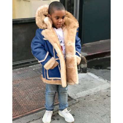 Boys' Warm Fur All-in-one Fashion Hooded Jacket Blue - D&A