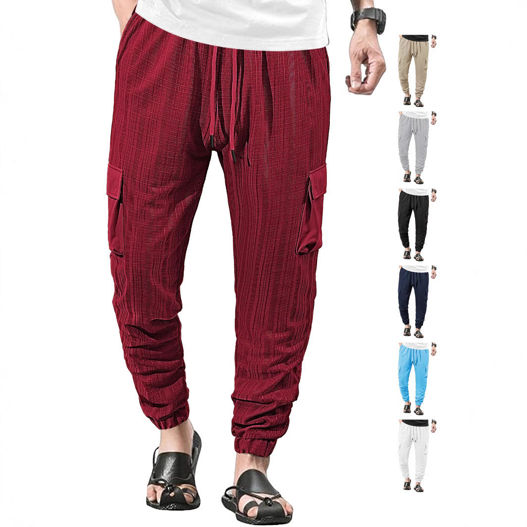 Loose Breathable Micro Elastic Lace-up Imitation Linen Plaid Men's Casual Pants Overalls - D&A
