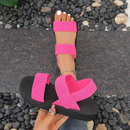 Women's Fashionable Flat Wedge Beach Sandals Medium Black Linen Pink - D&A