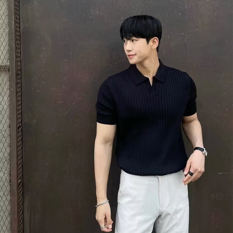 Polo Collar Polo Shirt Knitted Short Sleeve K02 Black - D&A