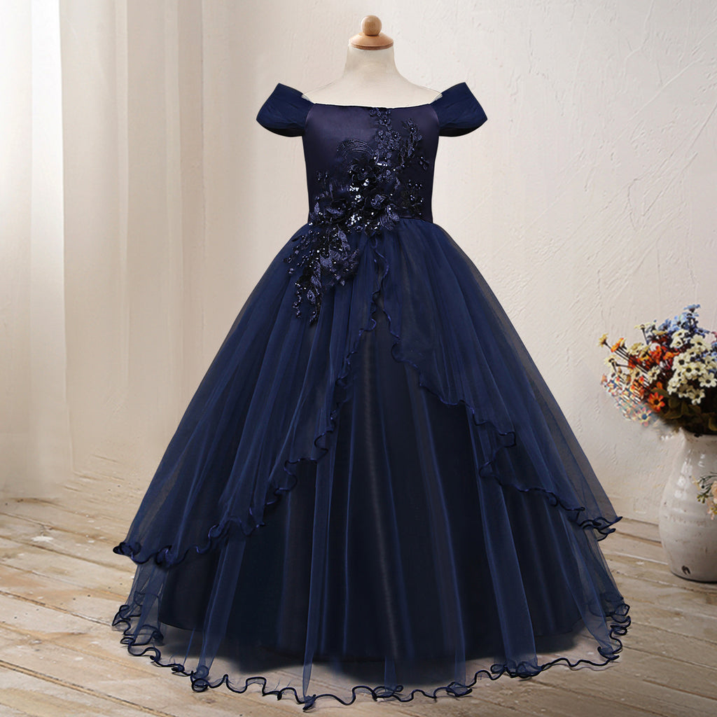 One-shoulder Princess Flower Dress Costume Navy Blue - D&A