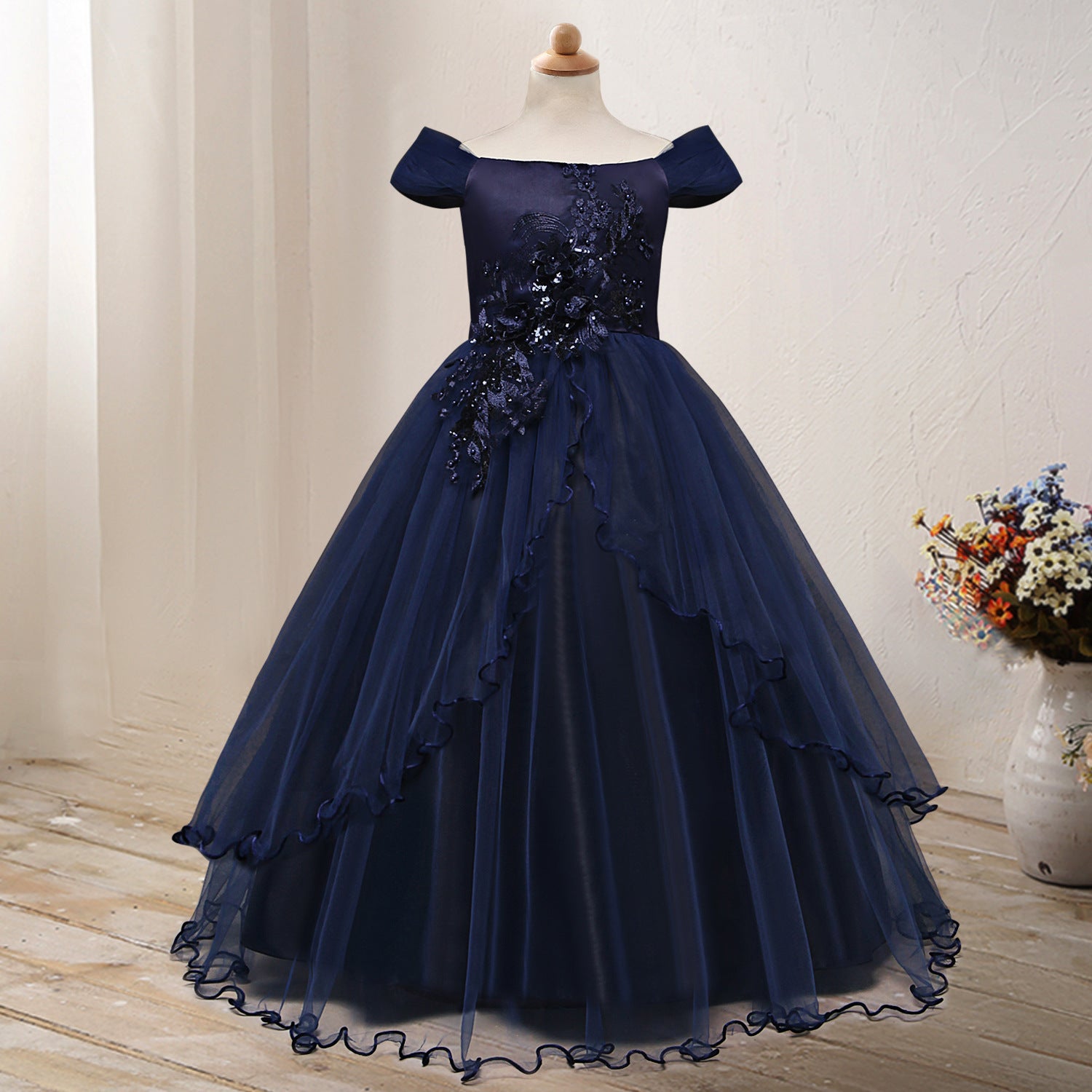 One-shoulder Princess Flower Dress Costume Navy Blue - D&A