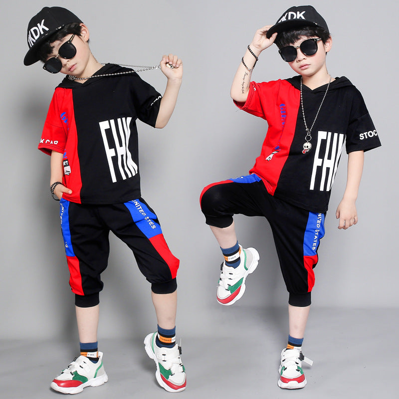 Children's clothing summer new boy short-sleeved suit in the big boy summer Korean version of the boy stitching sportswear tide - D&A