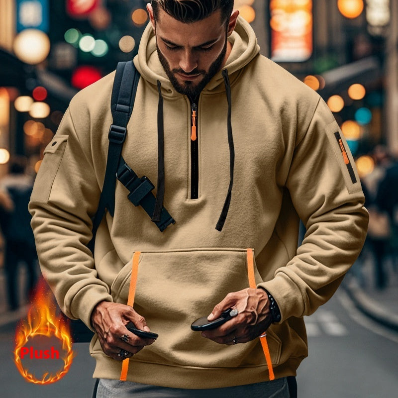 Men's Casual Multi-zipper Arm Pocket Sweatshirt Khaki - D&A