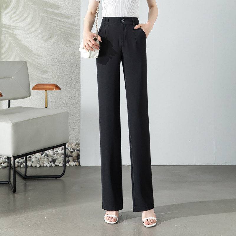 High Waist Drooping Slimming And Straight Ice Silk Women's Casual Suit Pants Black - D&A