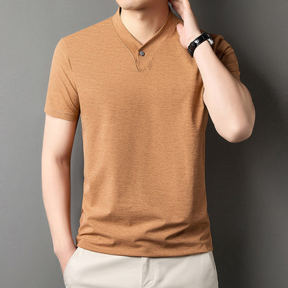 Young Men's Short Sleeve T-shirt Zipper High-grade Casual Summer Wear One Buckle Brown - D&A