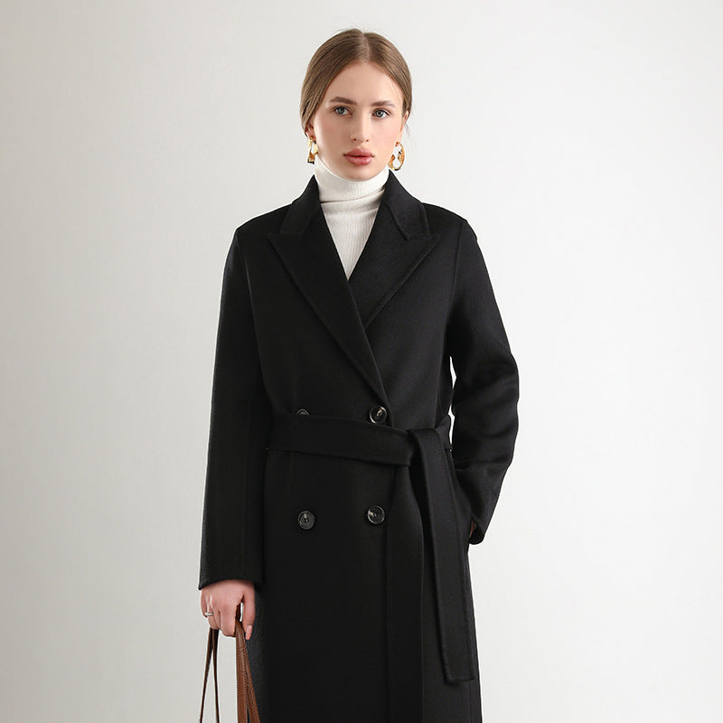 Women's Mid-length Woolen Wool Overcoat Coat Black - D&A