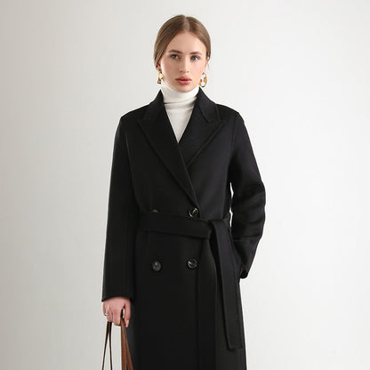 Women's Mid-length Woolen Wool Overcoat Coat Black - D&A