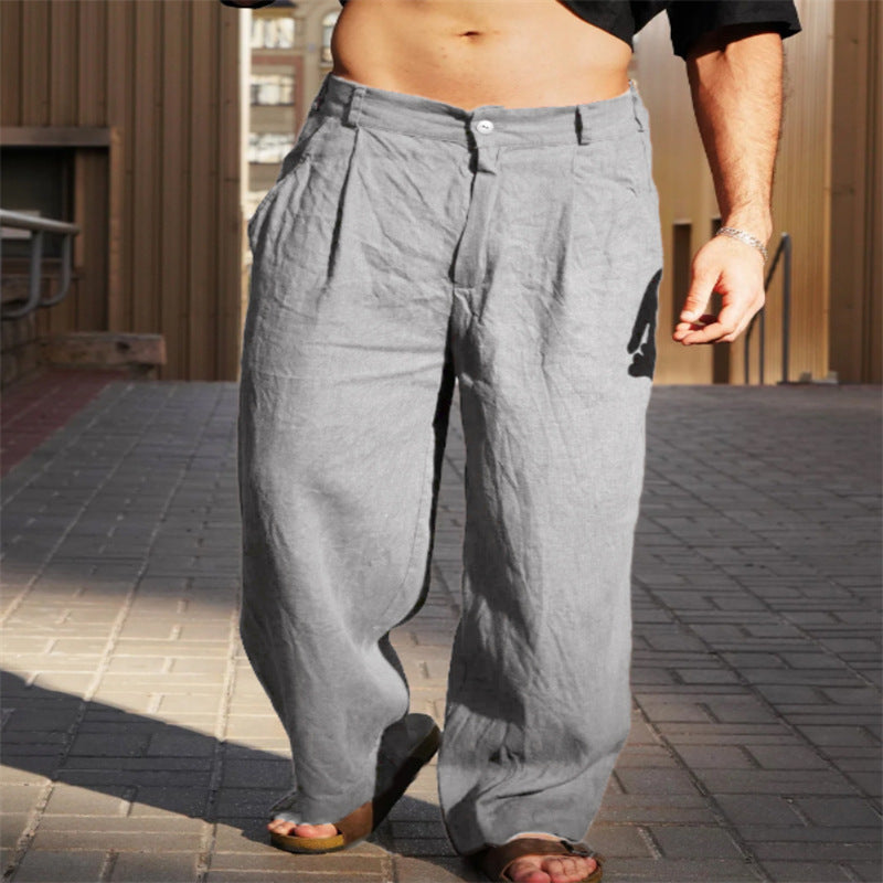 Men's Spring And Summer Linen Pleated Wide-leg Pants Mid-waist Breathable Light Gray - D&A