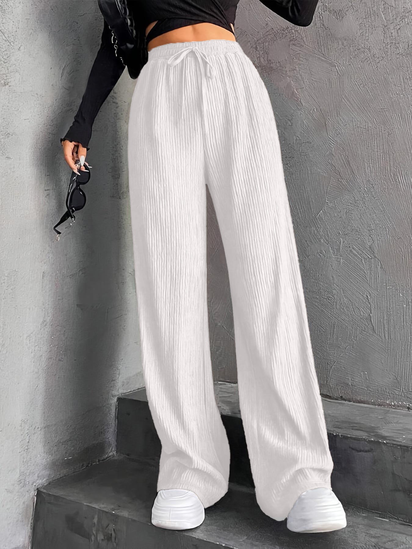New Women's Elastic Waist Pinstripe Road Straight Wide Leg White - D&A
