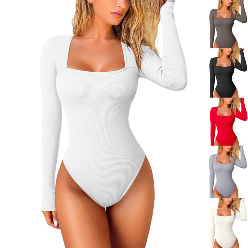 Oumeiya Sexy Rib Square Collar Long Sleeve Belly Contracting Casual Women's Jumpsuit - D&A
