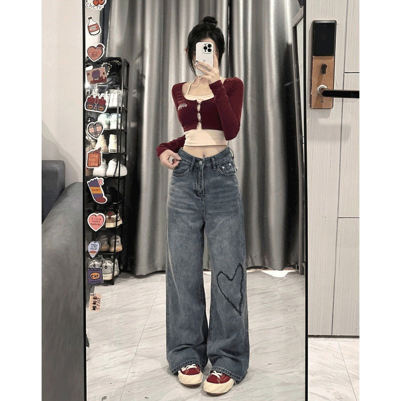 Love Embroidered Wide-leg Simple Casual Jeans - D&A