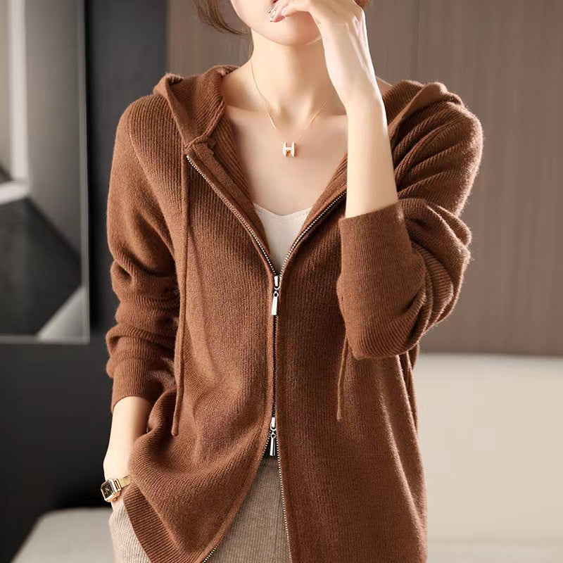 Double-headed Zipper Hooded Knit Women's Cardigan Coat Caramel Free Size - D&A