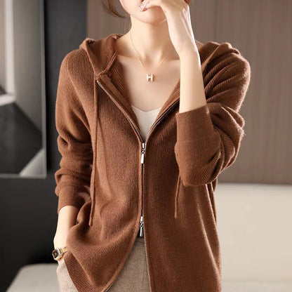 Double-headed Zipper Hooded Knit Women's Cardigan Coat Caramel Free Size - D&A