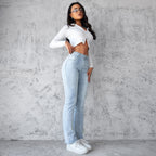 Women's Straight Leg Slim Fit Jeans, Fashionable And Simple Light Blue Pants - D&A