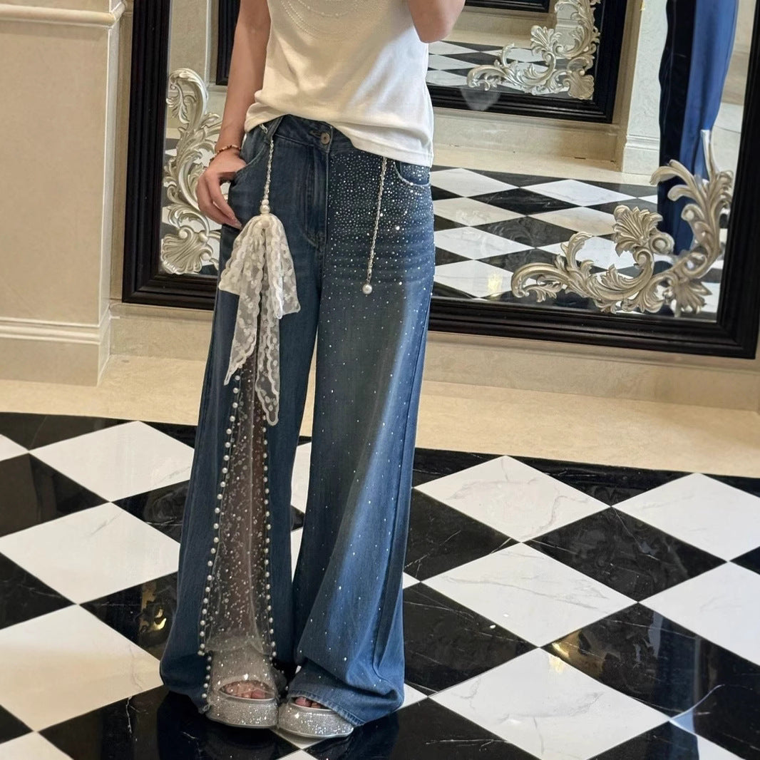 Lace Stitching Rhinestone Jeans - D&A