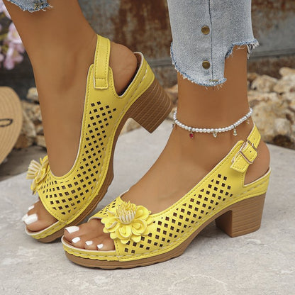Plus Size Flower Casual Buckle Solid Color High Heel Sandals Yellow - D&A