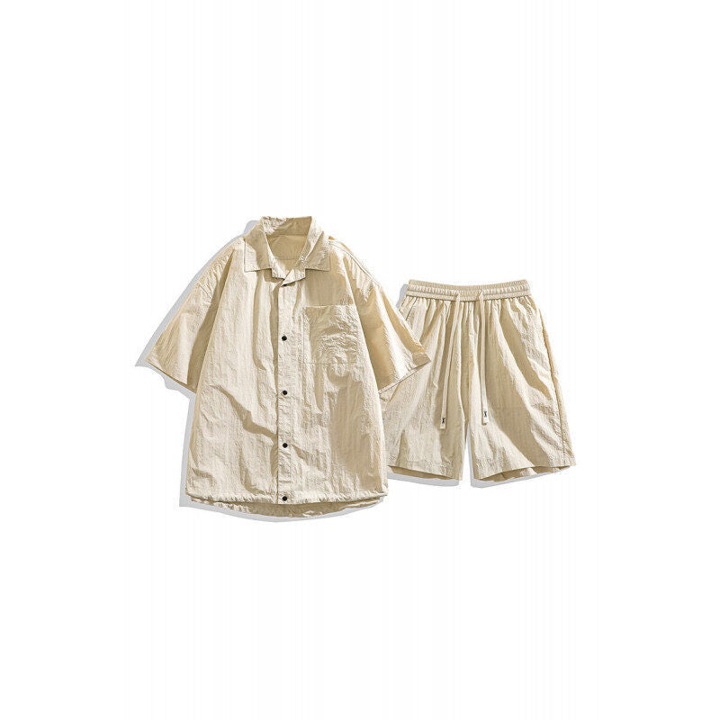 Men's Loose Shorts Casual Shirt Hemp Light Breathable Non-stick Two-piece Set Khaki - D&A