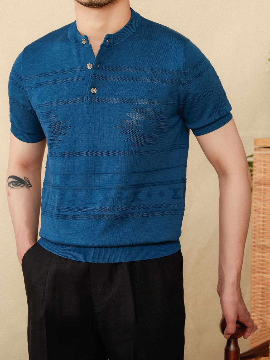 Jacquard Tencel Cotton Blended Knitted Henley Shirt Short-sleeved T-shirt - D&A