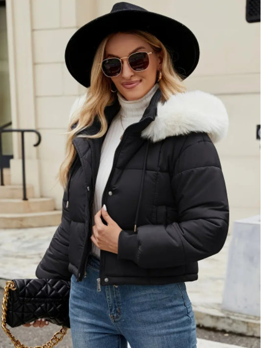 Women's Chic Mint Green Puffer Jacket With Faux Fur Trim Hood - D&A