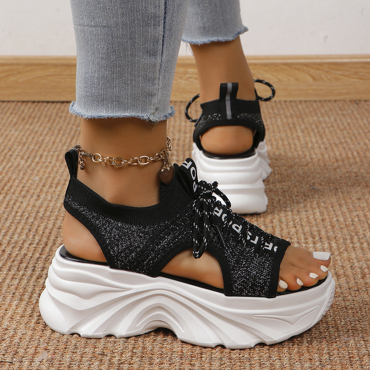Women's Shoes Fashion Hollowed-out Mid Heel Mesh Sports Platform Sandals Black - D&A