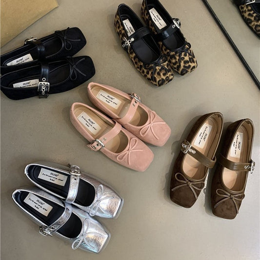 Flat Bow Ballet Silver Belt Buckle Shoes - D&A