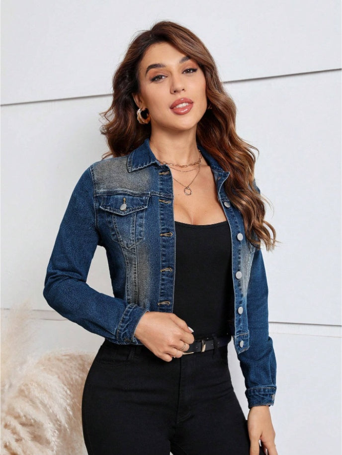 Women's Casual Distressed Cropped Denim Jacket - D&A