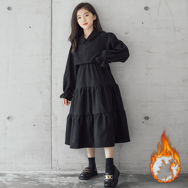 Corduroy Cotton Children's Clothing Trendy Fan Thick Warm Skirt Plus velvet black - D&A