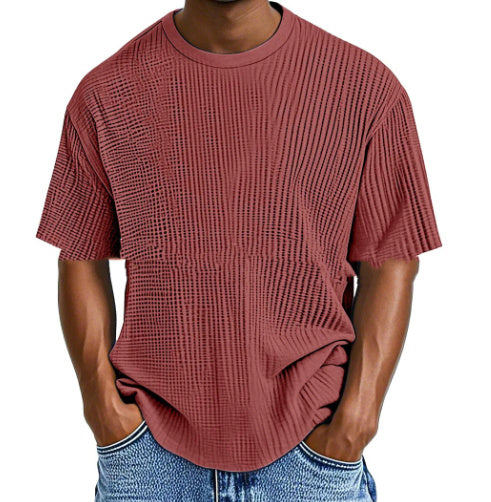 Casual Pure Color Comfort Waffle Short Sleeve Wine Red - D&A