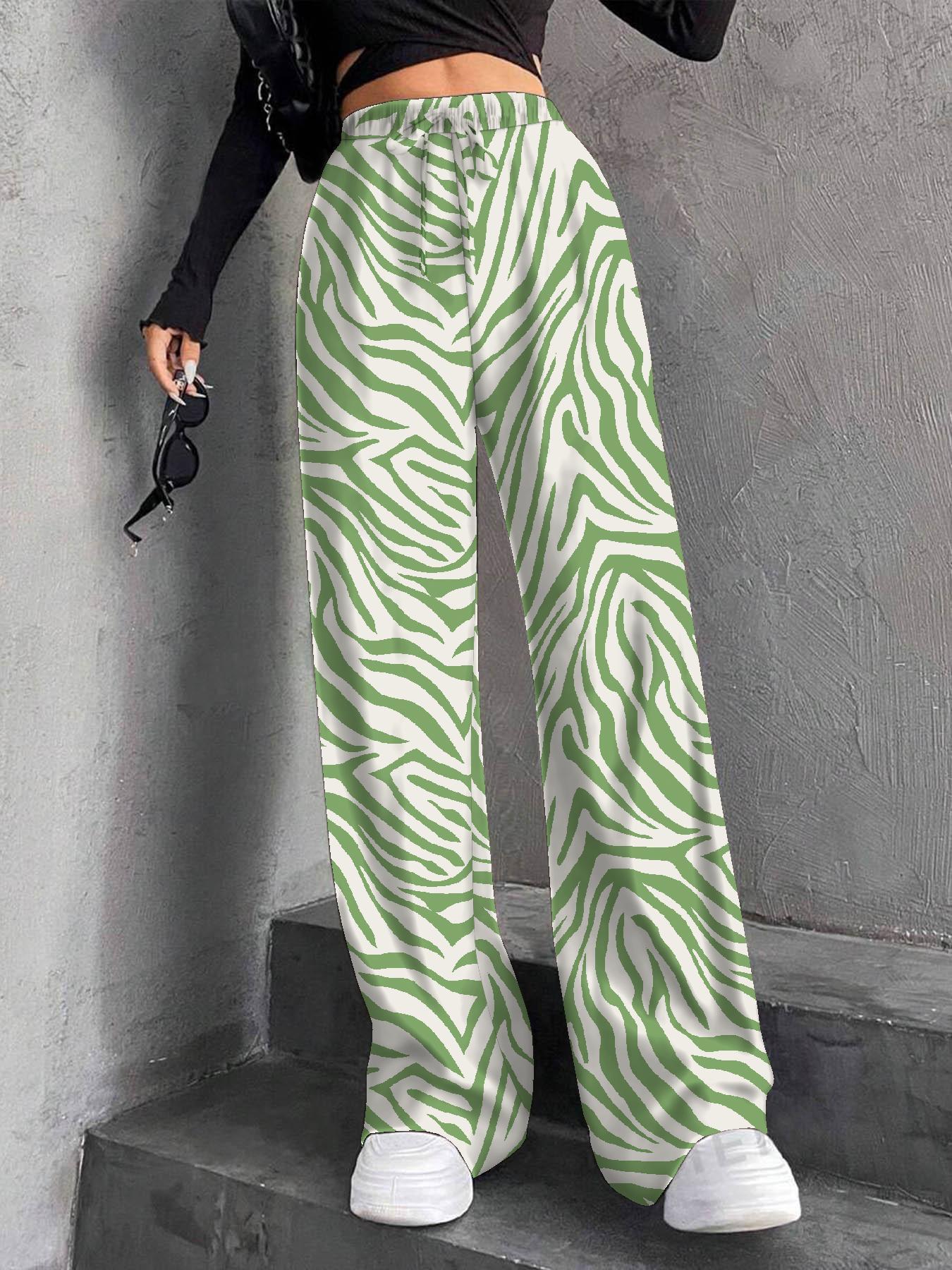 New Women's Elastic Waist Pinstripe Road Straight Wide Leg Light Green - D&A