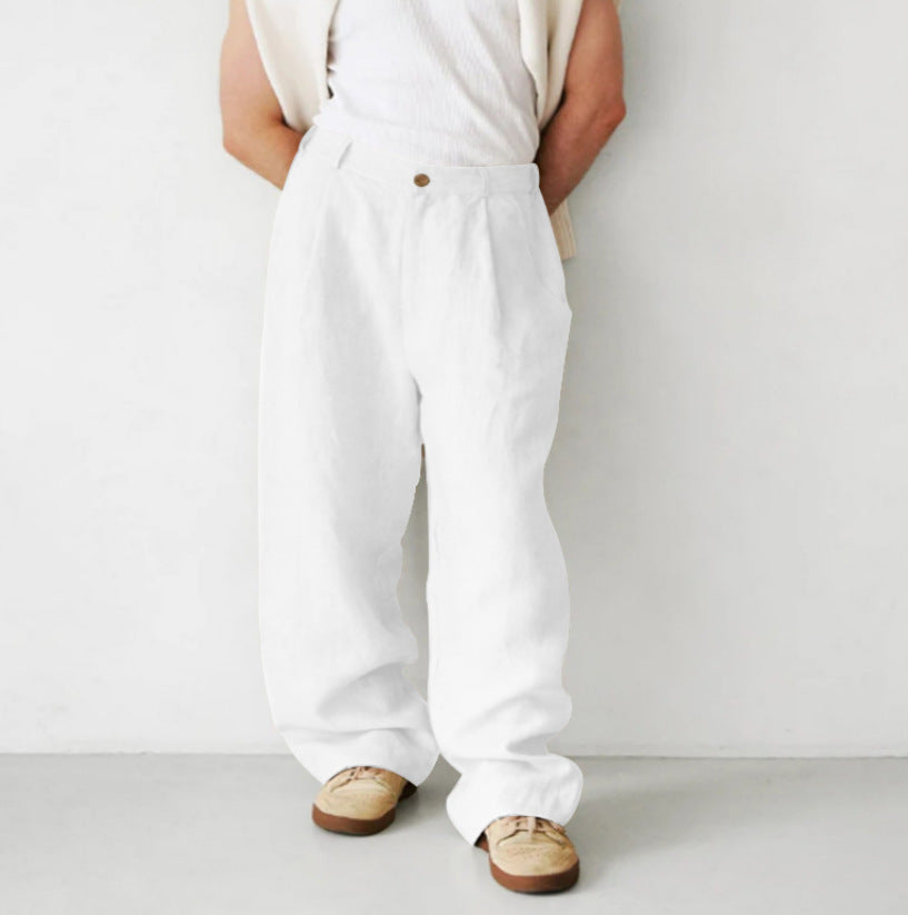 Men's Loose Linen Pleated High Waist Jogger Pants Breathable Daily Casual Pants White - D&A
