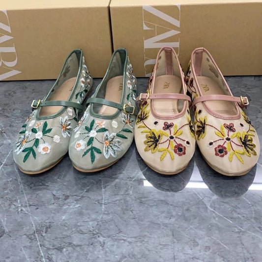 Women's Shoes Green Flower Embroidered Mesh Cloth Ballerina Flats New Guo Feng - D&A