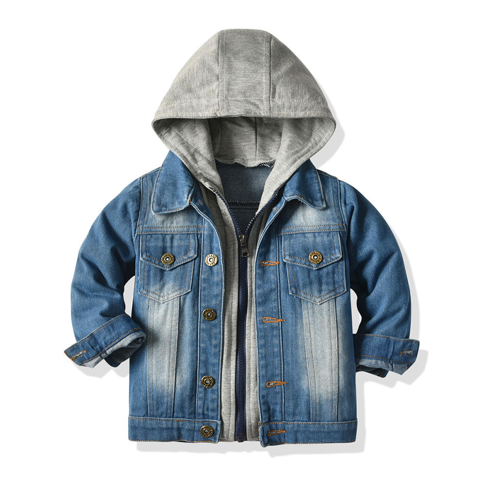 Children's Fake Two-piece Denim Jacket, Children's Hooded Fashion Casual Top Grey - D&A