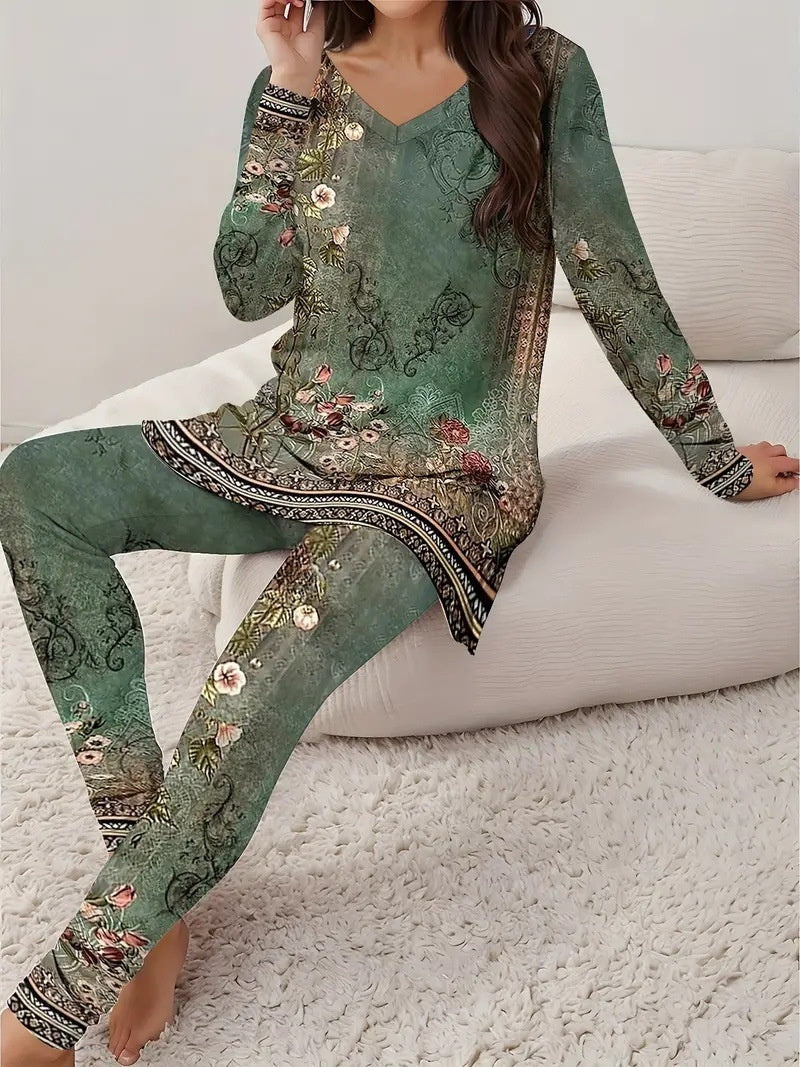 Women Vintage Fashion Floral V-neck Long Sleeve Leggings Printing Suit Figure 1 - D&A