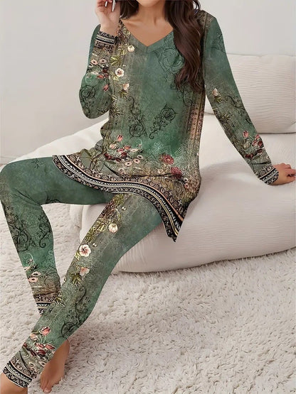 Women Vintage Fashion Floral V-neck Long Sleeve Leggings Printing Suit Figure 1 - D&A