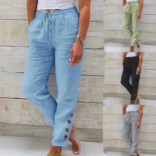 Autumn Solid Color Cotton Linen Straight Casual Button Trousers For Women - D&A
