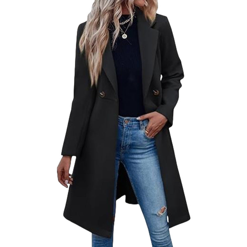Long Woolen Women's Waist-controlled Lace-up Double Breasted Coat Black - D&A