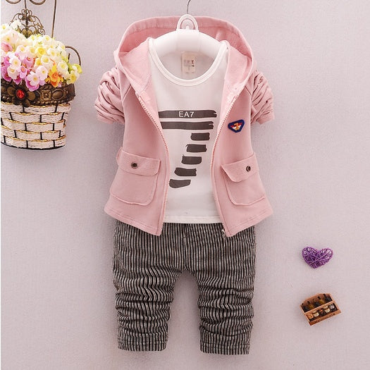 spring and autumn new boys and girls zipper striped trousers suit children's suit Pink - D&A