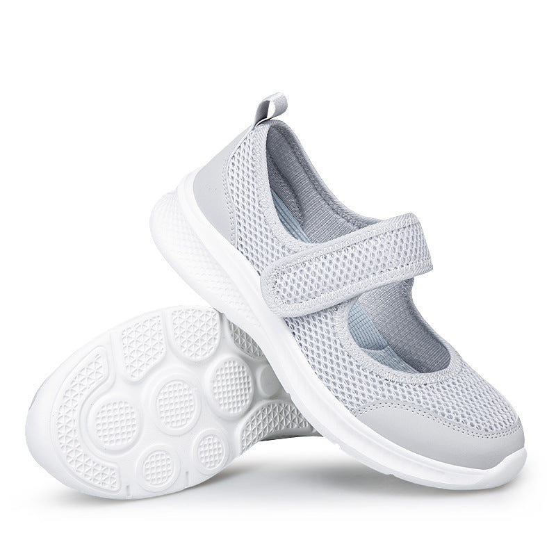 Low-top Thick Bottom Hollow Buckle Casual Mesh Shoes For The Old Light Gray - D&A