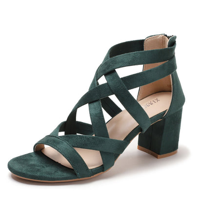 Chunky Heel Rhinestone Rome Classy High Heels Green - D&A