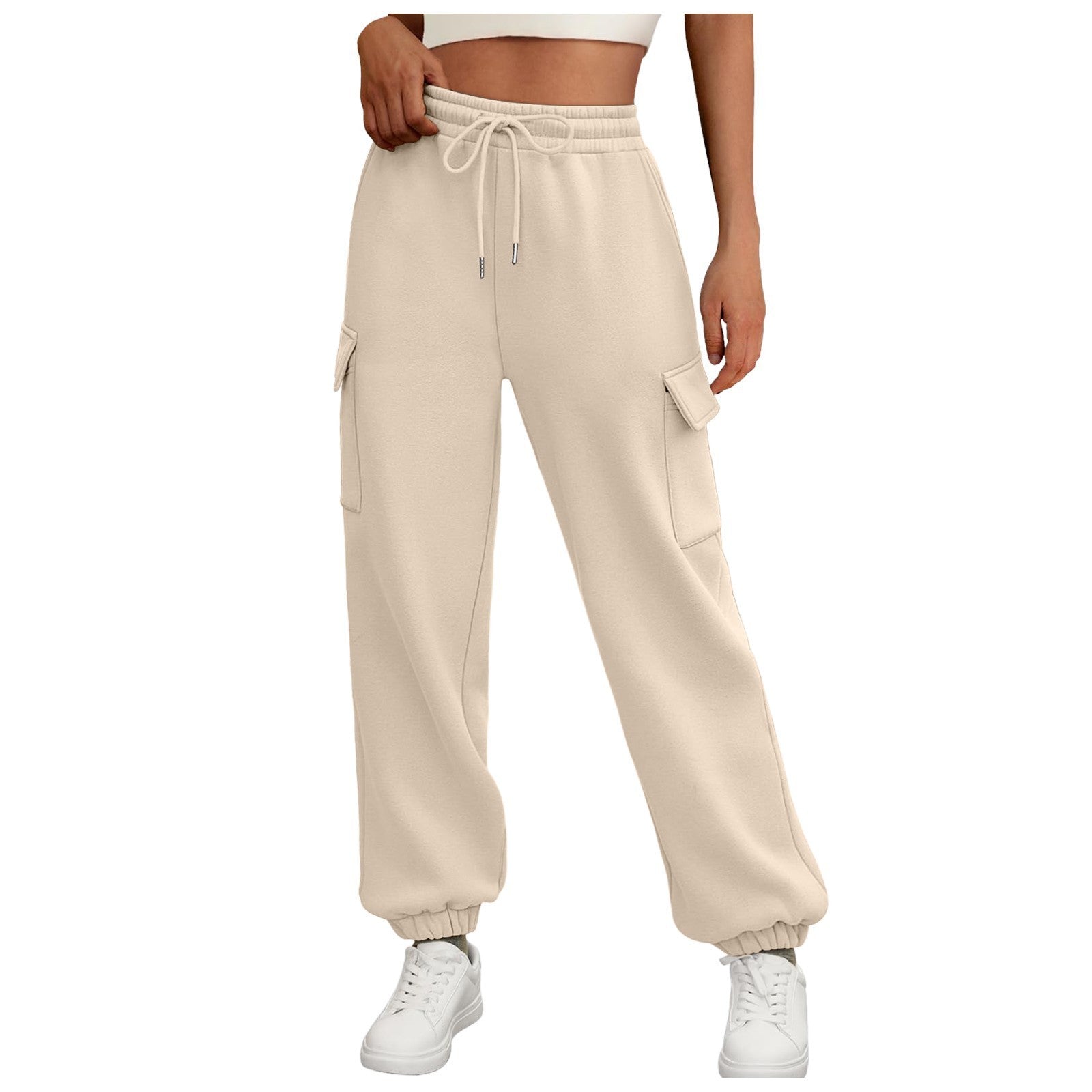 Casual Side Pocket Elastic Waist Solid Color Straight-leg Pants Beige - D&A