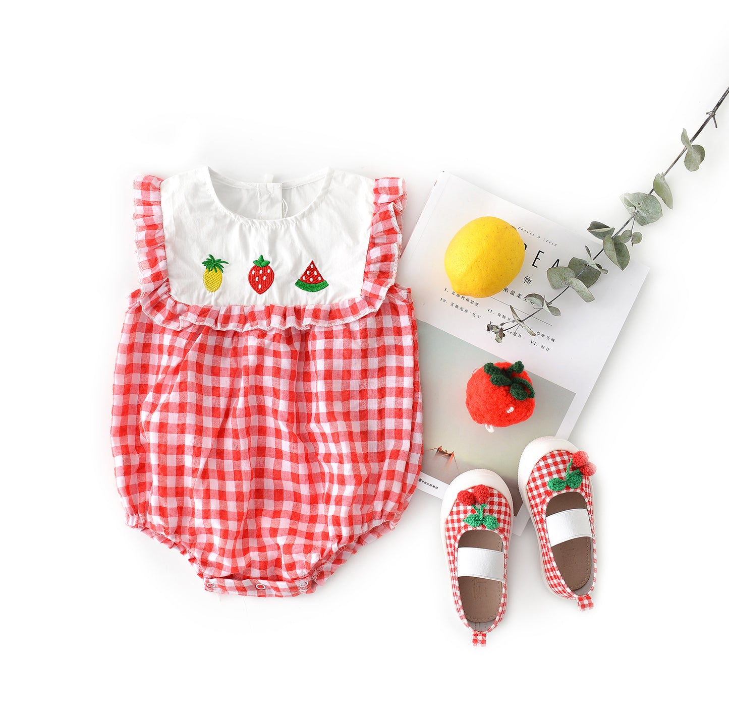 Baby plaid lace sleeves baby triangle romper baby kite clothes - D&A