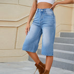 Summer Washed Elastic Waist Denim Cropped Pants For Women Blue - D&A