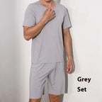 Advanced Ice Silk Round Neck Solid Color Short Sleeve Shorts Suit N88 Gray Suit - D&A