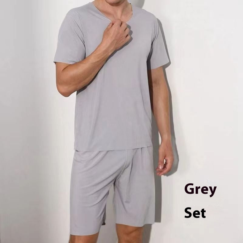 Advanced Ice Silk Round Neck Solid Color Short Sleeve Shorts Suit N88 Gray Suit - D&A