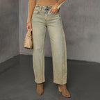 American Stretch High Street Straight Nostalgic Retro Blue Women's Denim Trousers Khaki - D&A