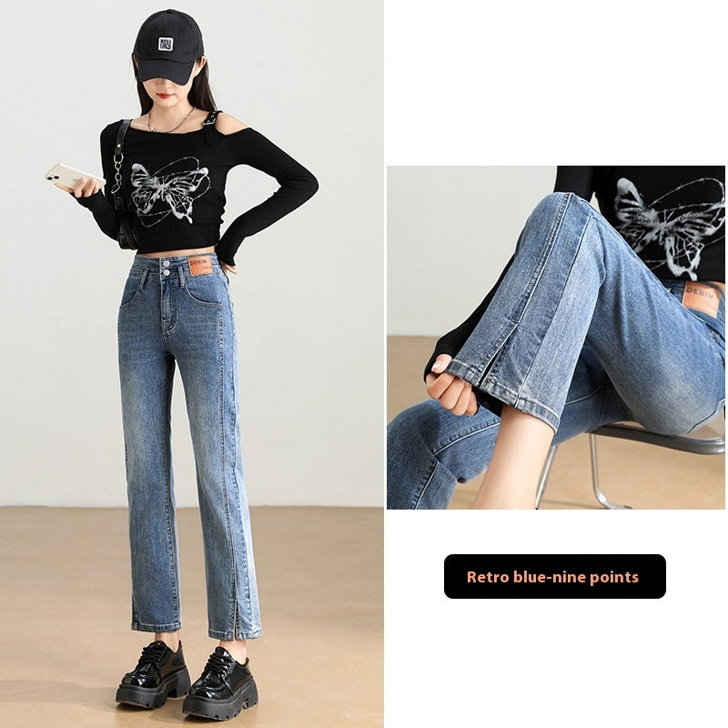 High Waist Slimming And Fashionable Design Popular Ankle-length Cigarette Pants Retro Blue Cropped - D&A